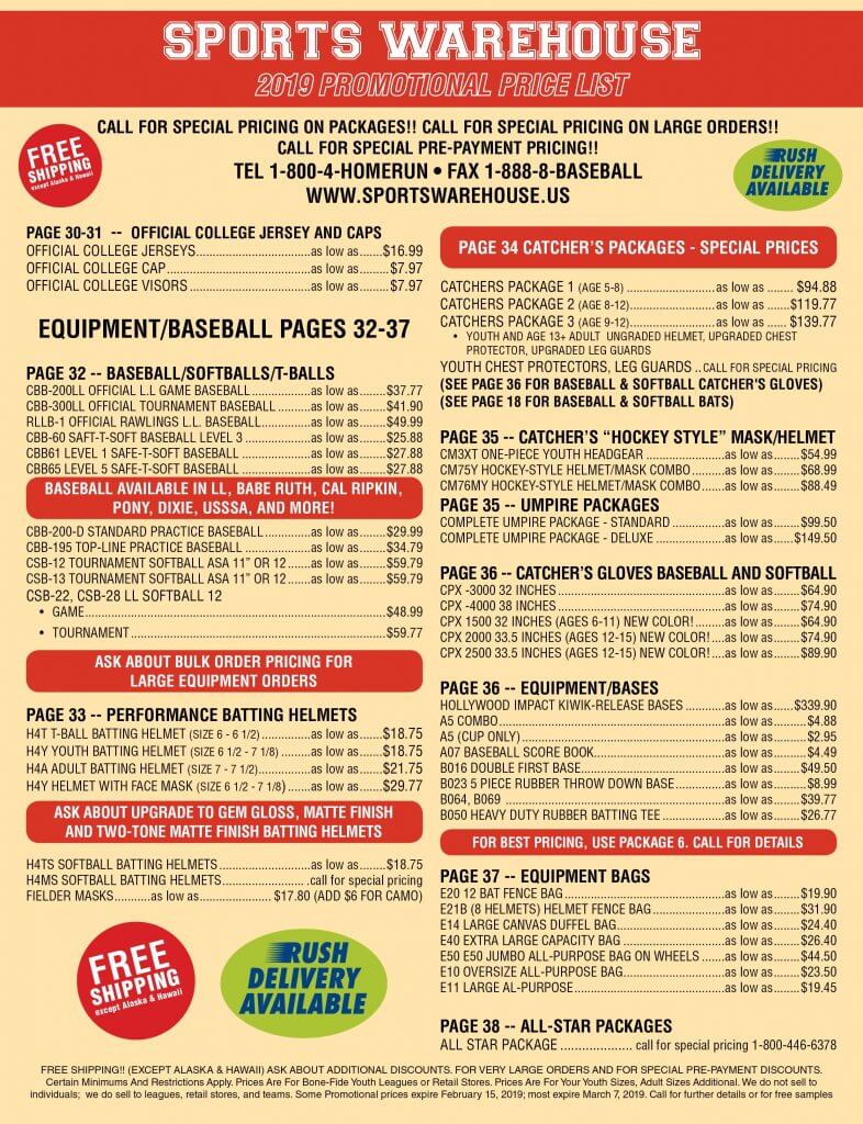 Price List Sports Warehouse