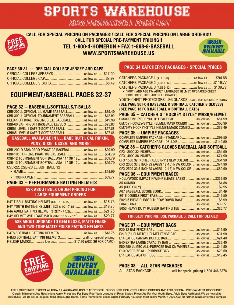 Price List Sports Warehouse